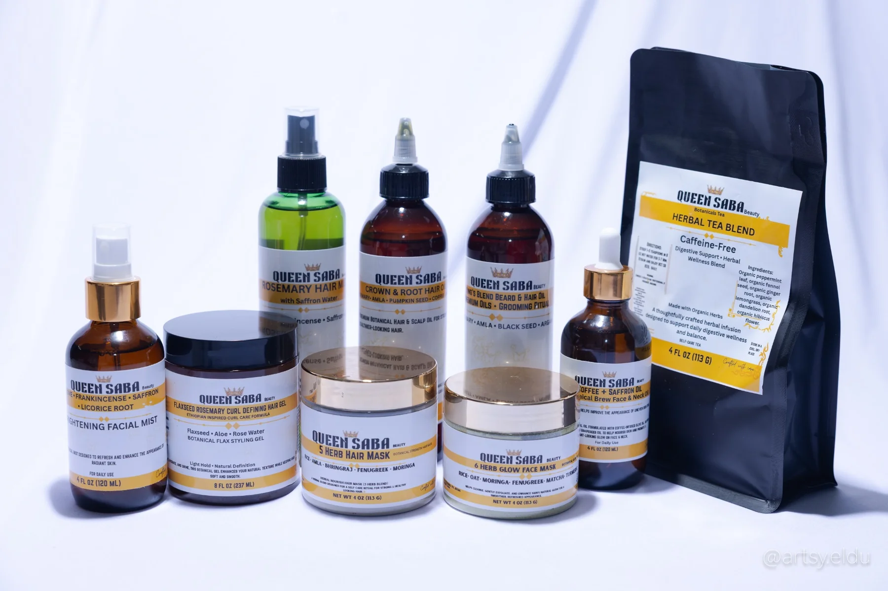 Queen Saba Beauty collection photographed on a white backdrop